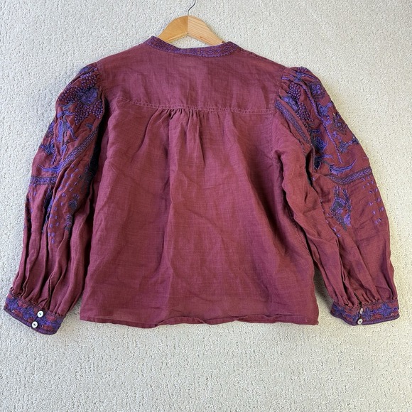 Sundance Christiane Embroidered Blouse PM Burgundy Purple Boho Ramie Top $138 - Picture 10 of 14